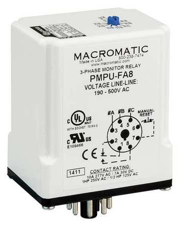 MACROMATIC 3 Phase Monitor Relay, SPDT, 500VAC, 8 Pin PMPU-FA8