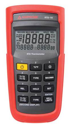 AMPROBE FDA Digital RTD Thermometer, -328 Degrees to 1472 Degrees, -328 Degrees to 1166 Degrees F RTD-10
