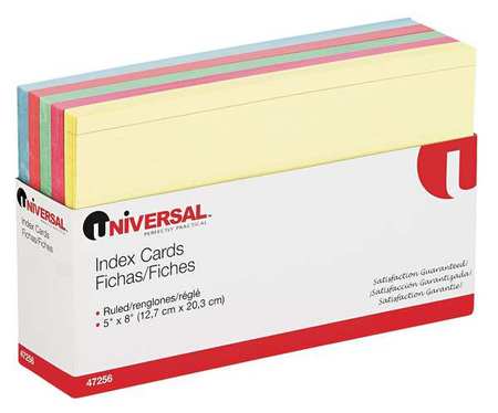 Universal 5" x 8" Ruled Index Cards, Pk100, Color: Assorted UNV47256