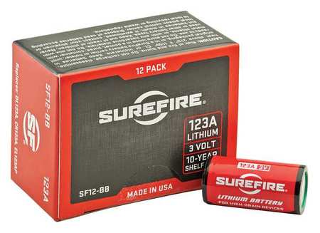 Surefire Battery, 123A, Lithium, 3-Volt, 12-Pack SF12-BB