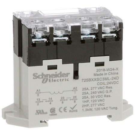 SCHNEIDER ELECTRIC Enclosed Power Relay, DIN-Rail & Surface Mounted, DPST-NO, 24V DC, 6 Pins, 2 Poles 725BXXSC3ML-24D