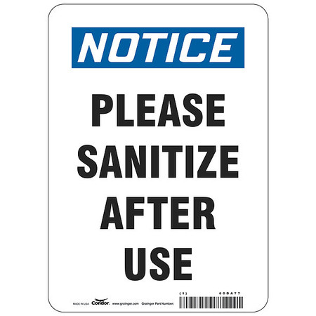 CONDOR Please Sanitize After Use Sign, 10" W x 14" H, English, Polystyrene HWN836P1410
