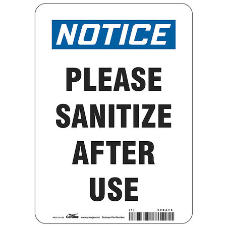 CONDOR Please Sanitize After Use Sign, 10" W x 14" H, English, Aluminum HWN836A1410