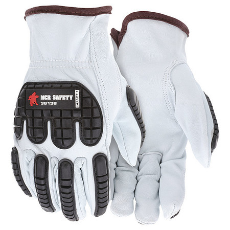 MCR SAFETY Leather Gloves, White, L, PK12 36136L