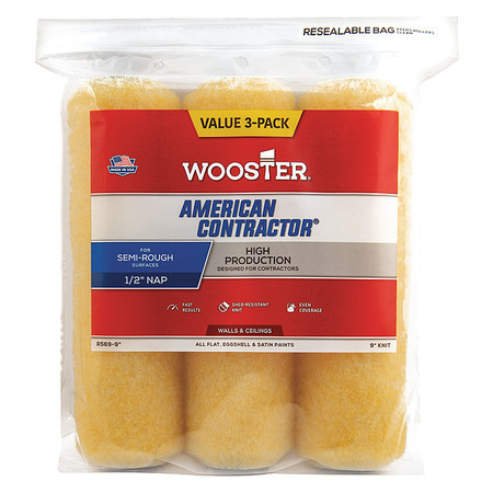 WOOSTER 9" Paint Roller Cover, 1/2" Nap, Knit Fabric, 3 PK R569-9