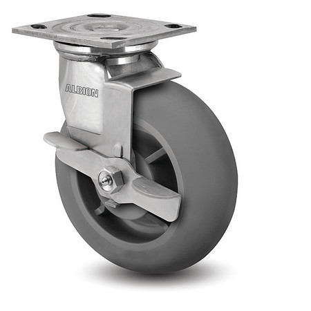 ALBION 8" X 2" Non-Marking Rubber Soft Round Swivel Caster, Face Brake, Loads Up To 600 lb 05XR08201SFBD