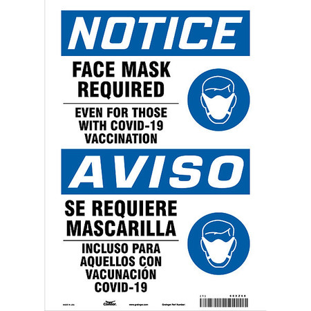 CONDOR Facemask Reminder Safety Sign, 14 in Height, 10 in Width, Aluminum, English, Spanish 60XZ68