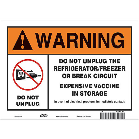 CONDOR Vaccine Refrigerator Freezer Sign, 60YF93 60YF93