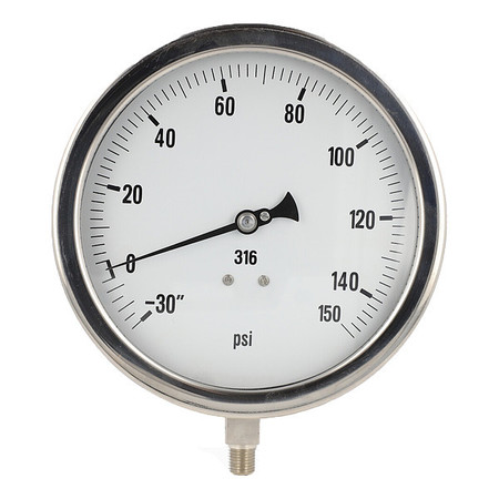 PIC GAUGES Compound Gauge, -30 to 0 to 160 in Hg/psi, 1/4 in MNPT, Stainless Steel, Silver 6001-4LCF