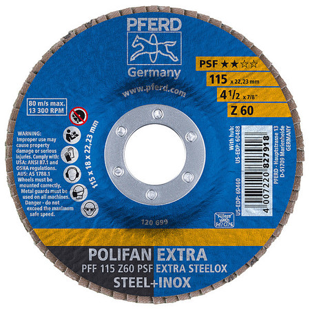 PFERD 4-1/2" x 7/8" A.H. POLIFAN® Flap Disc - Z PSF EXTRA STEELOX, Zirconia, 60 Grit, Flat 60460