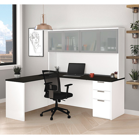 Bestar L Shaped Desk, 62.9" D, 71.1" W, 70.1" H, White/Deep Gray, Melamine 110887-17