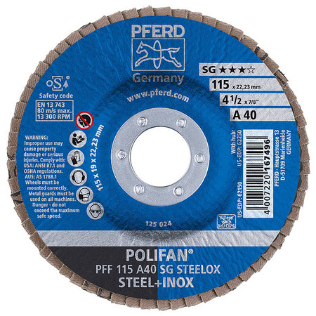 Pferd 4-1/2" x 7/8" A.H. POLIFAN® Flap Disc - A SG STEELOX, Aluminum oxide, 40 Grit, Flat 62150