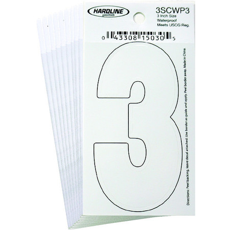 HARDLINE PRODUCTS Number 3 Decal, 3" White Vinyl, PK10 3SCWP3