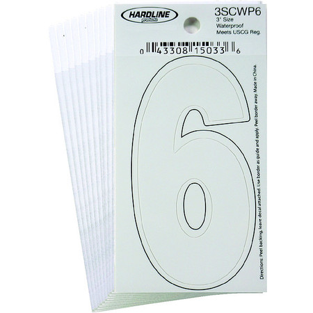 HARDLINE PRODUCTS Number 6 Decal, 3" White Vinyl, PK10 3SCWP6