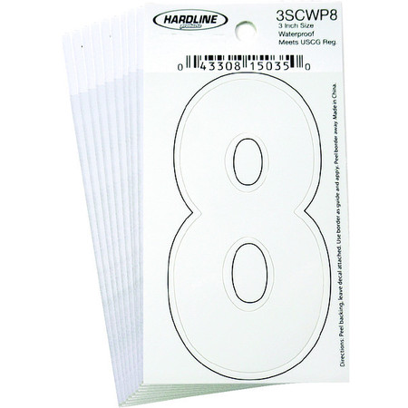 HARDLINE PRODUCTS Number 8 Decal, 3" White Vinyl, PK10 3SCWP8