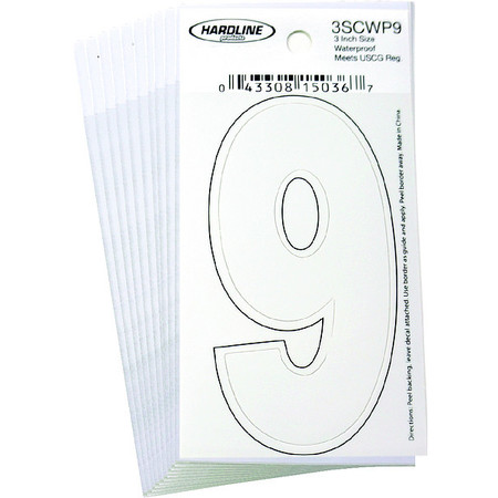 HARDLINE PRODUCTS Number 9 Decal, 3"White Vinyl, PK10 3SCWP9