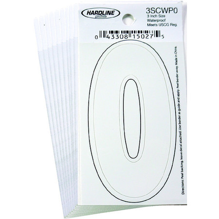 HARDLINE PRODUCTS Number 0 Decal, 3" White Vinyl, PK10 3SCWP0