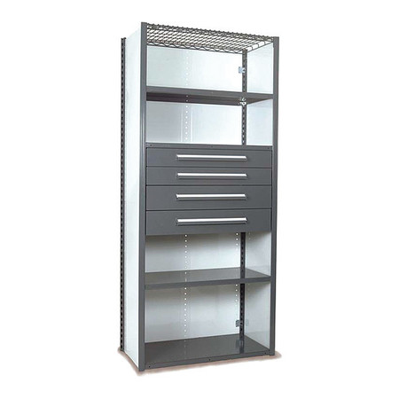 EQUIPTO V-Grip Shelving W/ 4Drwrs/5Shlvs 7x2x3, Strtr, (2)4.5" And (2)6"Drwrs, GY, Shelving Style: Closed S4231VNS-GY