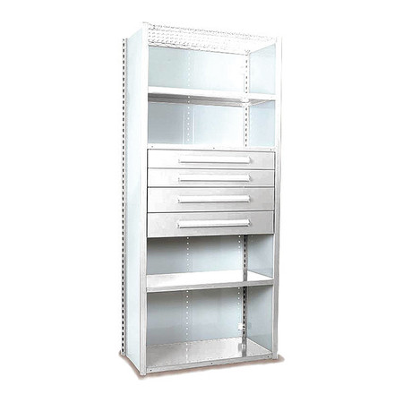 EQUIPTO V-Grip Shelving W/ 4Drwrs/5Shlvs 7x2x3, Strtr, (2)4.5" And (2)6"Drwrs, WH, Number of Shelves: 5 S4231VNS-WH