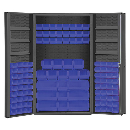 DURHAM MFG Cabinet with 114 blue Hook-On-Bins, 3 adjustable shelves on each door DC48-114-6DS-5295