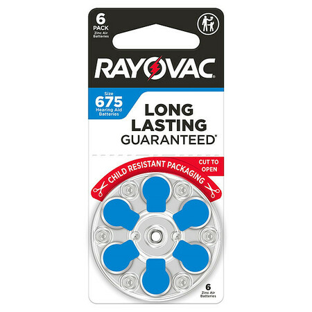RAYOVAC Hearing Aid Batteries, PK6 675CR-6ROVUS