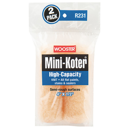 WOOSTER 4" Mini Paint Roller Cover, 1/2" Nap, Knit Fabric, 2 PK R231-4