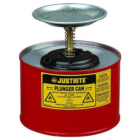 Justrite Plunger Can, 1/2 Gallon Capacity, Galvanized Steel, 5 in Dasher Plate Diameter, Red, FM Approved 10208