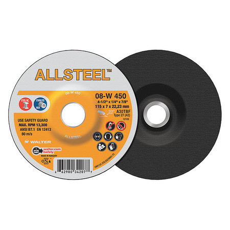 Walter Surface Technologies Allsteel Grinding Disc, 4-1/2" x 1/4" 08W450
