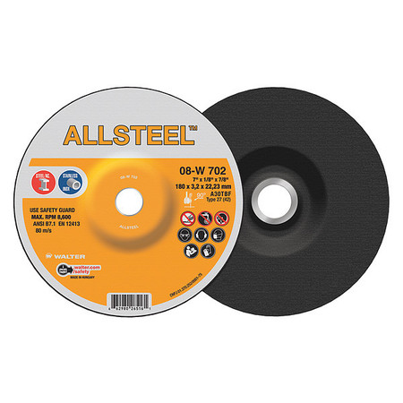 WALTER SURFACE TECHNOLOGIES Allsteel Grinding Disc, 7" x 1/8" x 7/8 08W702