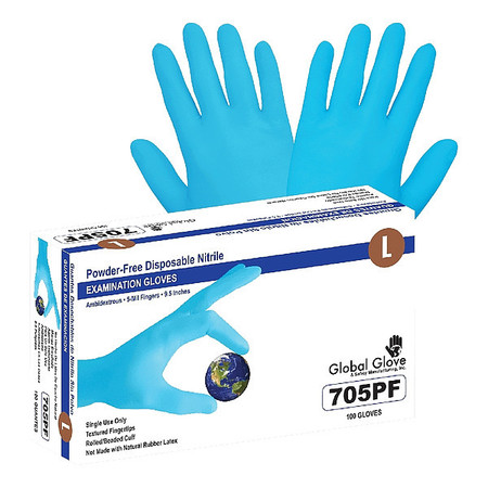 GLOBAL GLOVE & SAFETY Nitrile Disposable Gloves, 5 mil Palm, Nitrile, Powder-Free, L, 100 PK, Blue 705PF-L