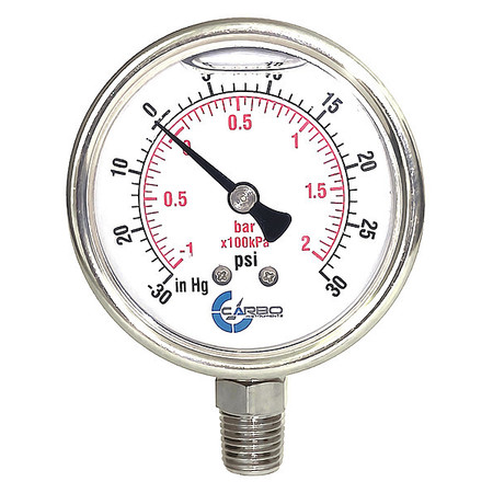 Carbousa Liquid Filled Pressure Gauge, 2 1/2", 30Hg / 30 psi L25-SSL-V30