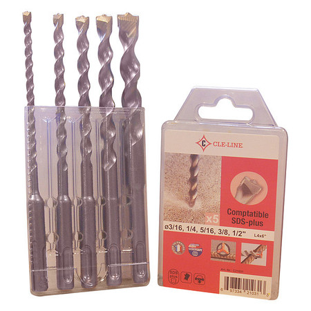 CLE-LINE 5PC SDS-Plus 2-Flute Carbide-Tipped Masonry Drill Set CLE 1821 HSS 3/16, 1/4, 5/16, 3/8, 1/2X6IN C21031