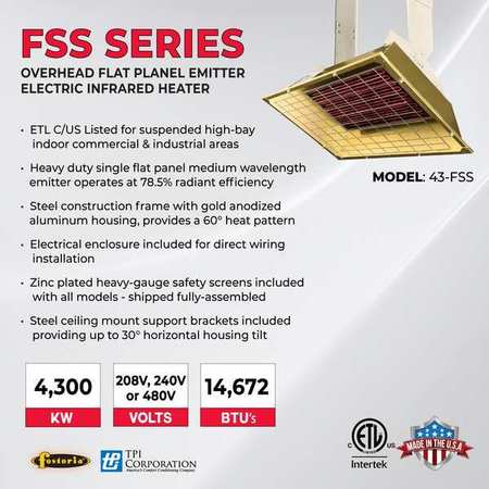 Fostoria Infrared Overhead Electric Heater, Aluminum, 240 V H43-FSS-3