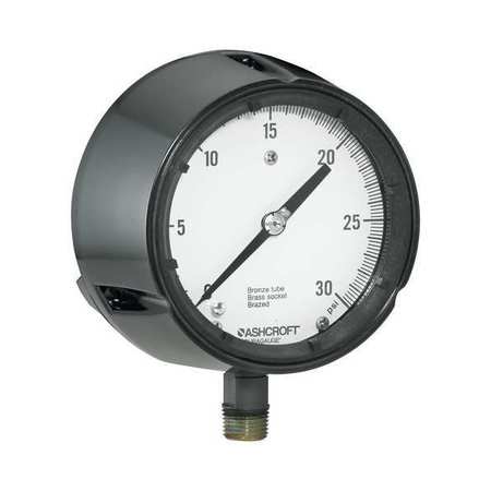 Ashcroft Pressure Gauge, 0 to 100 psi, 1/2 in MNPT, Plastic, Black 451279AS04L100#