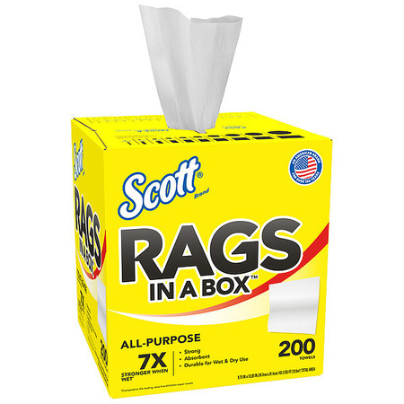 Kimberly-Clark Professional Scott Rags In A Box, Industrial Wipes, White, Pop-Up Box, 200 Shop Towels/Box, 9" x 12" 75260