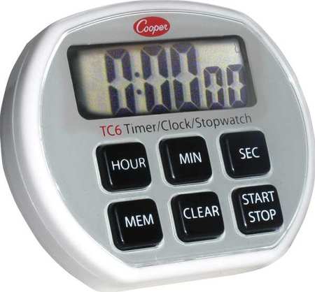Cooper-Atkins Timer/Clock/Stopwatch, 6Button, 3A Battery TC6-0-8