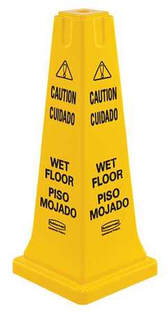 RUBBERMAID COMMERCIAL Safety Cone, 26 in Height, 10 1/2 in Width, HDPE, Cone, English, Spanish FG627777YEL