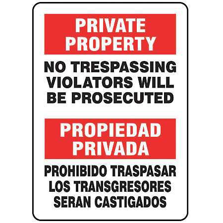 Accuform Spanish-Bilingual Private Property Sign, 14 in Height, 10 in Width, Aluminum, Rectangle SBMATR510VA