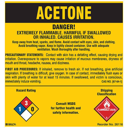 Brady NFPA Acetone Danger Label, 5"H x 5" W, PK25 26116LS