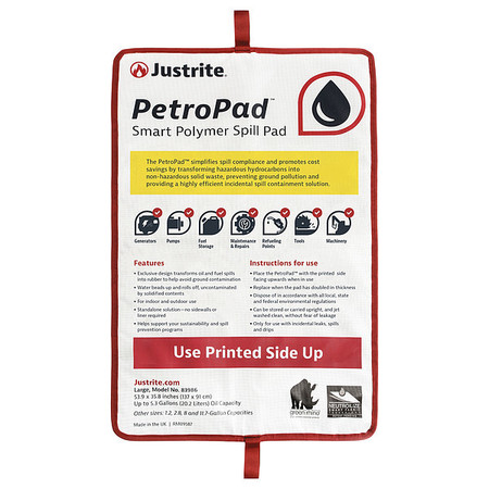 JUSTRITE Sorbent Pad, Not Applicable, 35.8 in x 53.9 in, Fuel and Flammable Liquids, Polymer, Vinyl 83986PK