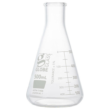 GLOBE SCIENTIFIC Erlenmeyer Flask, 500 mL, 188 mm H 8430500
