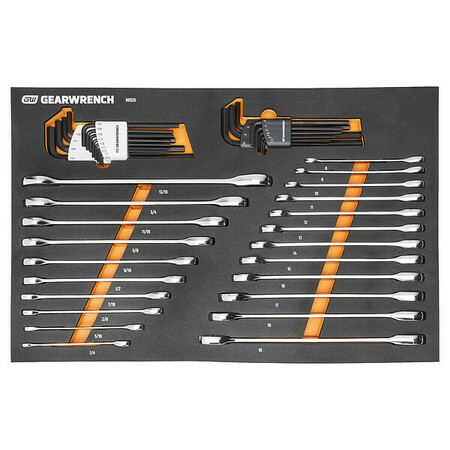 GEARWRENCH 44 Piece 90T SAE/Metric Combination Ratcheting Wrench & Long Arm Hex Key Set with Foam Storage Tray 86528