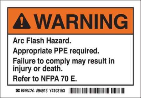 BRADY Arc Flash Warning Label, 3 1/2 in Height, 5 in Width, Polyester, Horizontal Rectangle, English EL-1