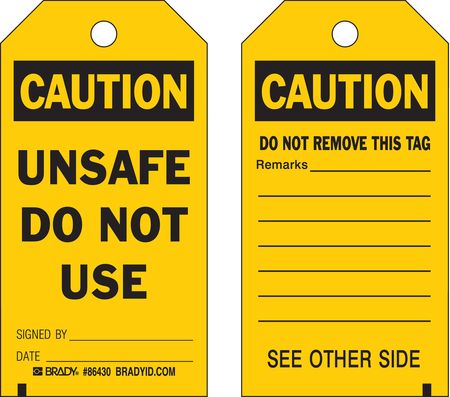 BRADY Caution Tag, 5 3/4 in Height, 3 in Width, English 86430
