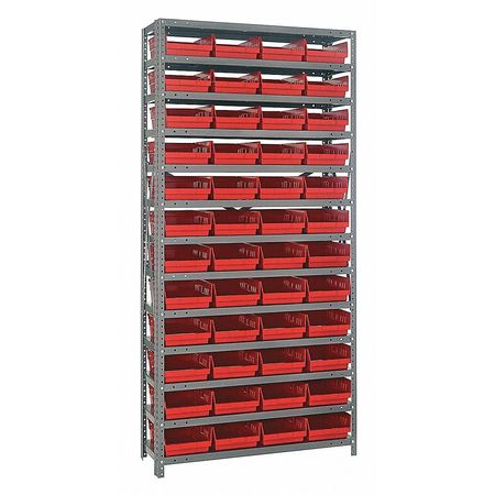 QUANTUM STORAGE SYSTEMS Steel Bin Shelving, 36 in W x 75 in H x 12 in D, 13 Shelves, Gray/Red 1275-107RD