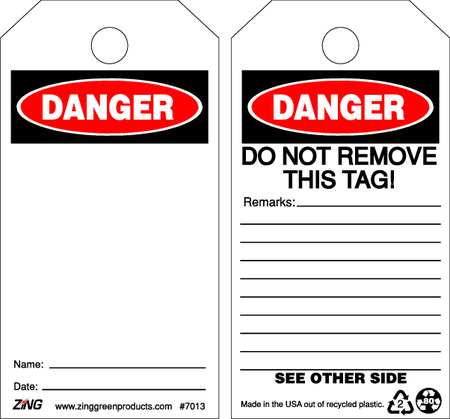 ZING Danger Tag, 5-3/4 x 3 In, Plstc, OSHA, PK10 7013