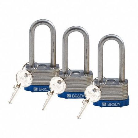 Brady Keyed Padlock, Extended, Rectangular Steel Body, Hardened Steel Shackle, 3/4 in W, 3 PK 118973