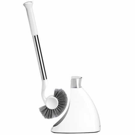 SIMPLEHUMAN Toilet Brush with Caddy, Stiff, 13 in L Handle, 1 1/2 in L Brush, Gray, Stainless Steel BT1083