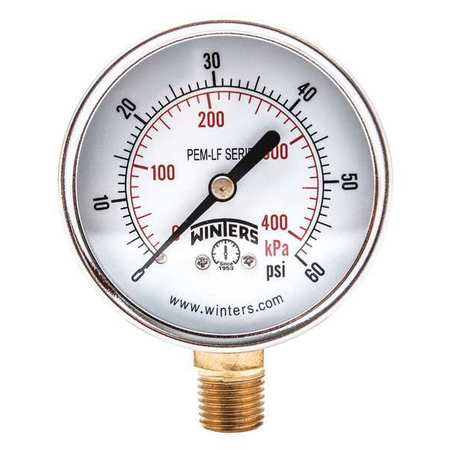 WINTERS Pressure Gauge, 0 to 60 psi, 1/4 in MNPT, Steel, Black PEM213LF