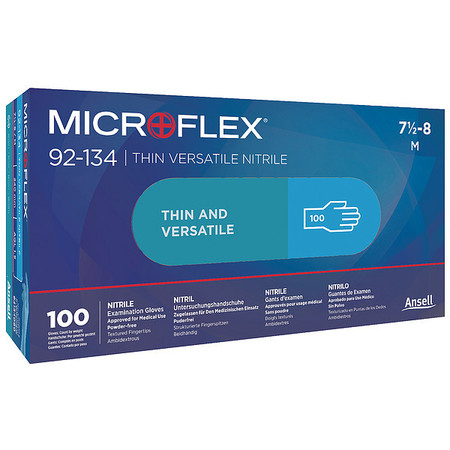 ANSELL Microflex(R) 92-134 Versatility, Disposable Gloves, 2.8 mil Palm, Nitrile, Powder-Free, 2XL, 90 PK 92-134